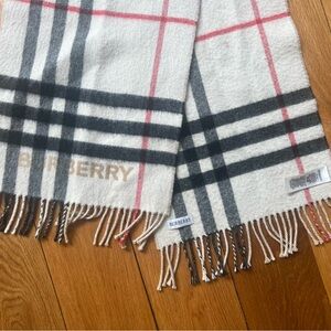 Burberry Ivory Plaid Fringe Scarf with Black & Red Stripes